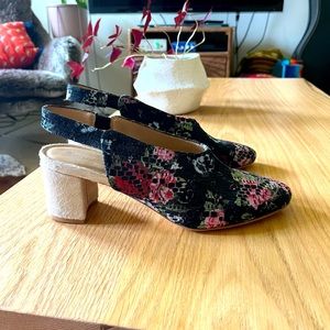 Anthropologie floral + calf hair heels